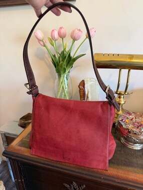 Tignanello Red Pebbled Leather Flap Shoulder Bag with Brown Trim